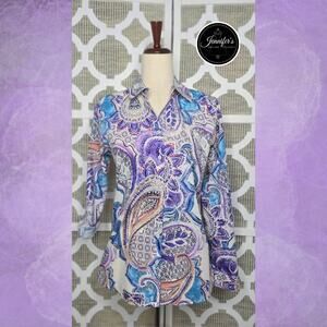 Chico's No-Iron Pastel Paisley Tab Sleeve Button Front Blouse Size 0=S/4